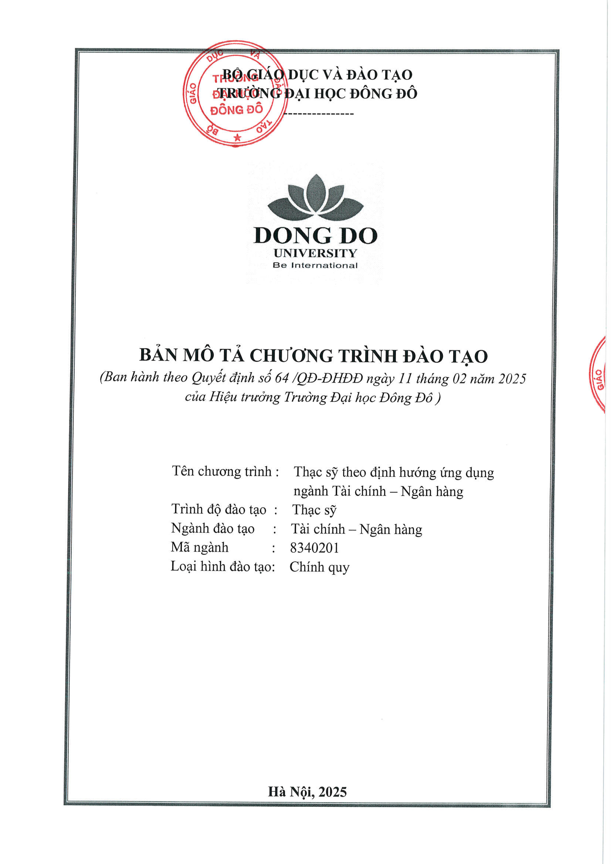 Bản mô tả chương trình đào tạo Thạc sĩ theo định hướng ứng dụng ngành Tài chính - Ngân hàng 